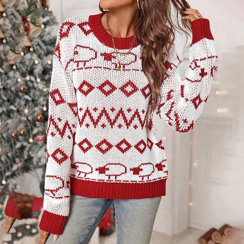 Maglione Natalizio a Maglia da Donna Festivo Fair Isle Motivo Renna Pecora Girocollo Manica Lunga Rosso Bianco Pullover