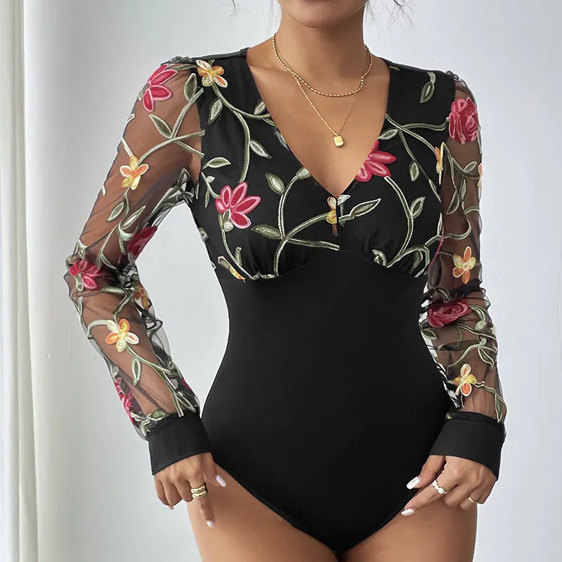 Body Sexy pour Femmes avec Col en V et Manches Longues Vintage Broderie Florale Maille Coupe Slim Soie de Lait Jumpsuit Party Clubwear Top