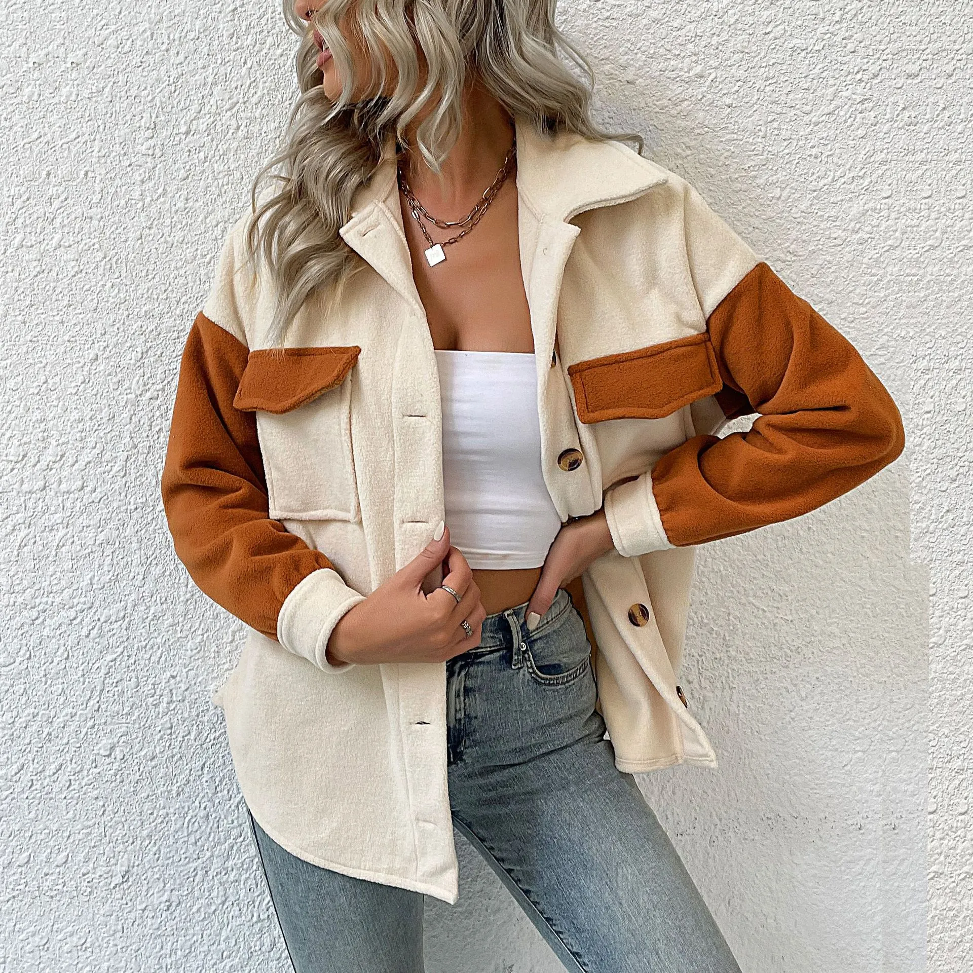 Vintage Women Patchwork Fleece Shacket Lapel Button Up Thick Warm Jacket With Pockets Long Sleeve Loose Outerwear Top