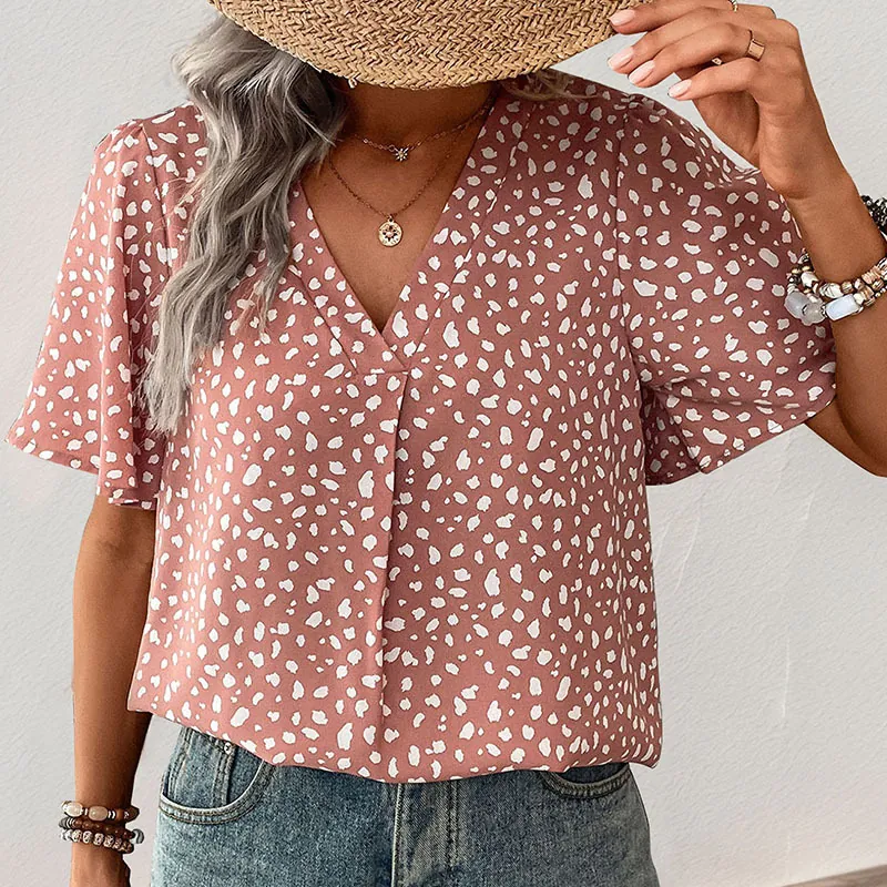 Camicetta da Donna con Stampa Leopardata e Scollo a V Manica Corta con Volant Top Pullover Estivo Elegante Stile Chiffon Abbigliamento Vacanza