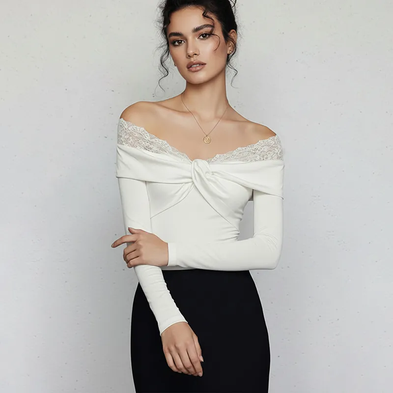 Sexy Off Shoulder Lace Trim Twist Front Long Sleeve Ribbed Bodysuit For Women Slim Fit Polyester Elastane Knit Romper Top