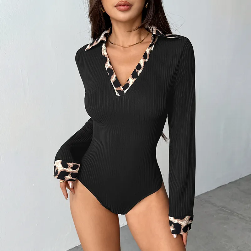 Women's Sexy Leopard Patchwork V-Neck Long Sleeve Bodysuit Ribbed Knit Slim Fit Jumpsuit Top Black Spring Clothing