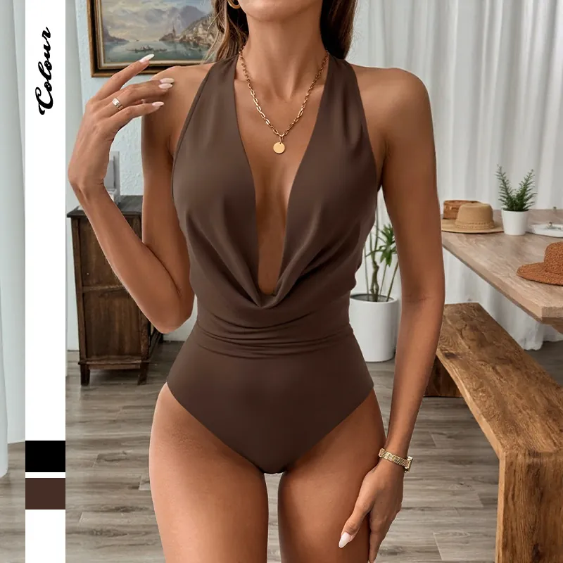 Damen Sexy Halterhals Deep V Bodysuit Wasserfallausschnitt Gerafft Ärmellos Slim Fit Einfarbig Elastisch Jumpsuit Top
