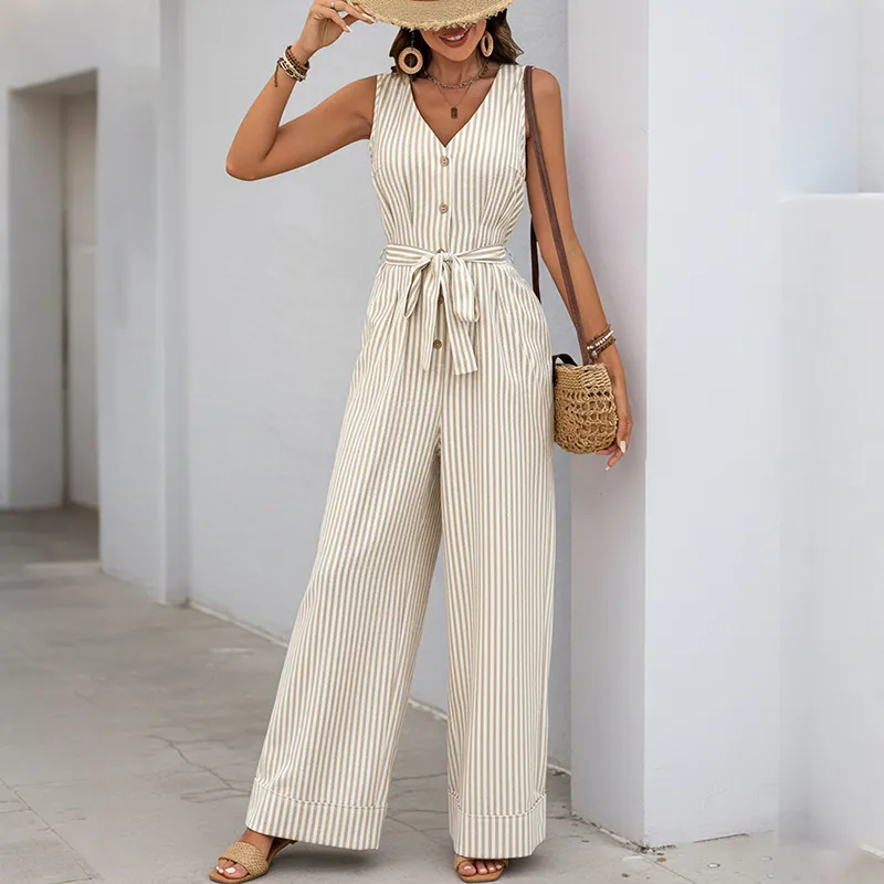 Women's Summer Casual V Neck Sleeveless Striped Jumpsuit With Belt Wide Leg Cotton Blend Buttons One Piece Romper