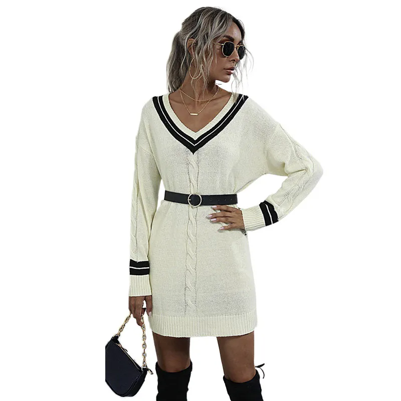 Women's V-Neck Cable Knit Sweater Dress Contrast Stripe Cotton Polyester Long Sleeve Oversized Pullover Mini Knitwear