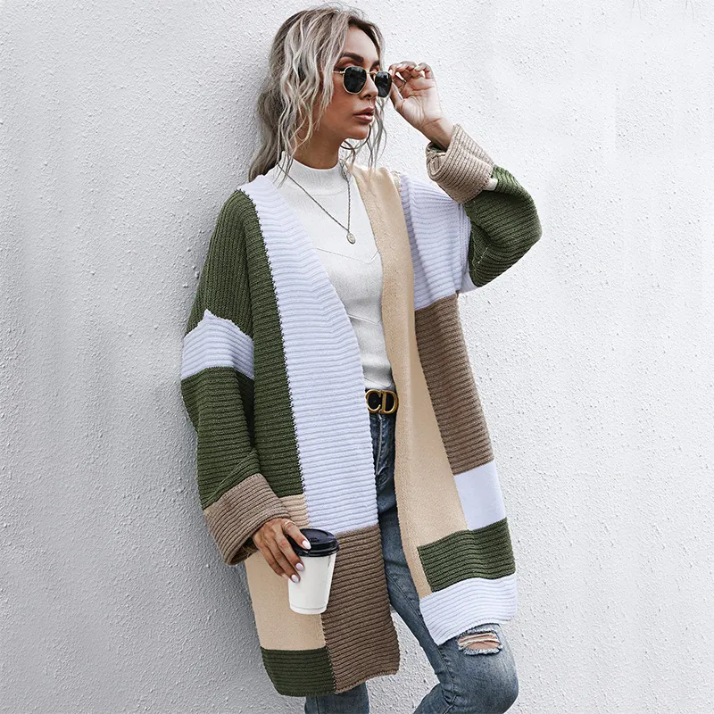 Women Casual Patchwork Color Block Knitted Cardigan Long Sleeve Open Front Oversized Mid Length Sweater Coat Outerwear