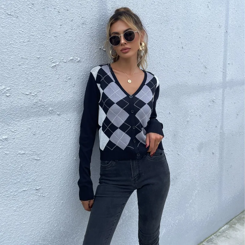 Women Argyle V-Neck Knitted Cardigan Sweater Long Sleeve Single Breasted Casual Patchwork Loose Fit Button Front Top