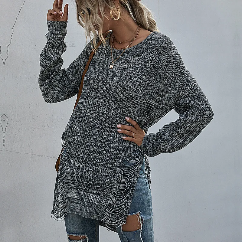 Women Casual Cotton Blend Knit Sweater Distressed Distressed Mid-Length Oversized Crew Neck Long Sleeve Pullover Tops