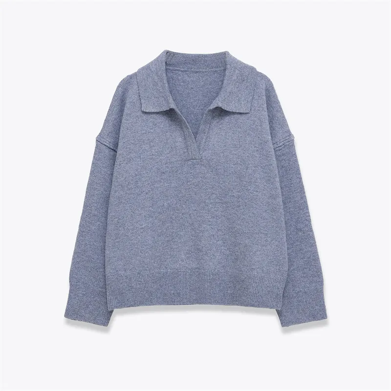 Pull en Maille Polo Décontracté pour Femmes Col en V Manches Longues Mélange de Polyester Épaule Tombante Tops