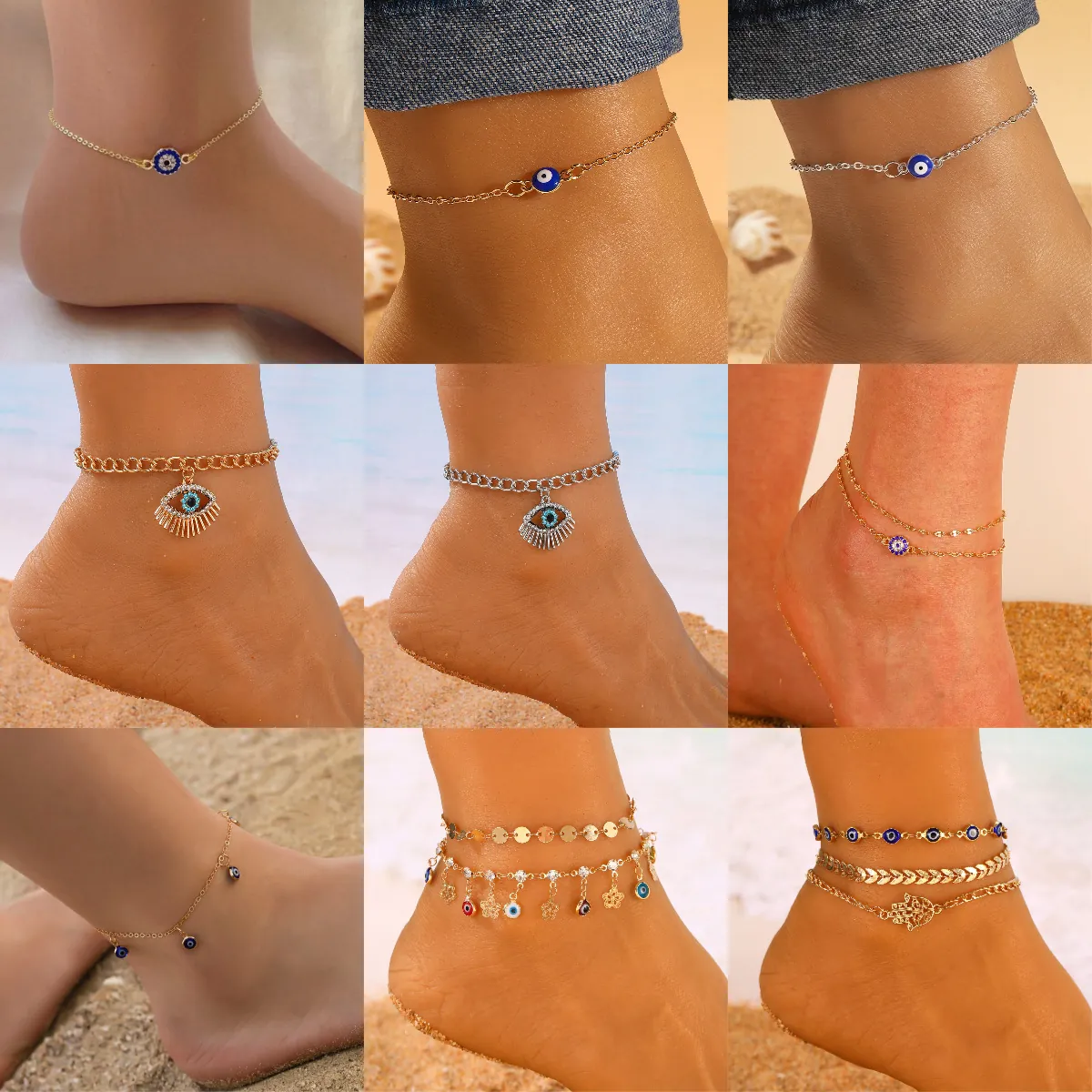 Evil Eye Anklets Alloy Rhinestone Boho Retro Multilayer Foot Chain Jewelry For Women Beach Accessories