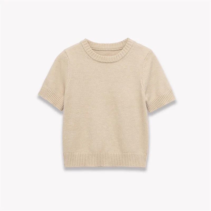 Women Casual Short Sleeve Knit Top Round Neck Solid Color Minimalist Soft Polyester Ribbed Pullover Sweater T-Shirt