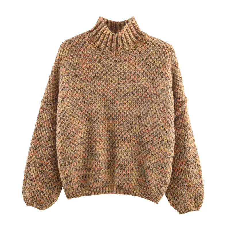 Women's Vintage Mock Neck Knit Sweater Long Sleeve Drop Shoulder Loose Space Dye Pullover Jumper For Autumn Winter