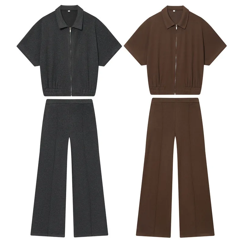 Women Elegant Solid Polyester Short Sleeve Zip Up Polo Top And Wide Leg Pants Casual Soft Blended Knit Loose Pants Set
