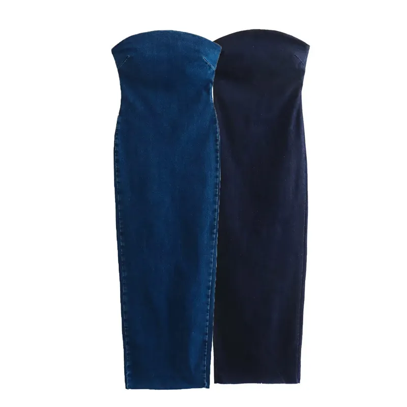 Women Slim Denim Tube Top Midi Dress Retro Bodycon Jean Dress With Back Slit Zipper For Casual Party Dating Wear