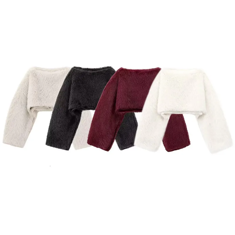 Elegant Women Faux Fur Cropped Shrug Jacket French Style Long Sleeve Open Front Bolero Outerwear For Party Evening Banquet