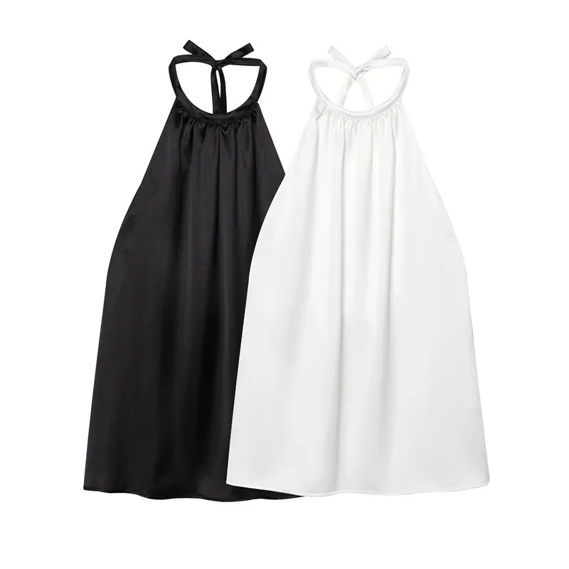 Elegante Top Halter de Satén para Mujer Espalda Descubierta Sexy Blusa Sin Mangas Estilo Francés Color Sólido Fiesta de Verano