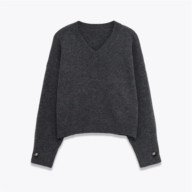 Pull en Tricot à Col en V pour Femmes Décontracté Manches Longues Rayé Contraste Couleur Simple Boutonnage Doux Top
