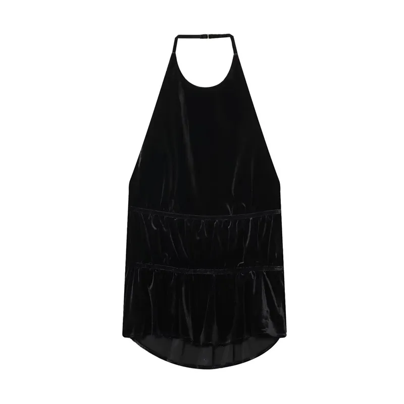 Women's Sexy Halter Neck Velvet Top Ruched Ruffle Hem Solid Color Sleeveless Backless Party Streetwear Fashion Top