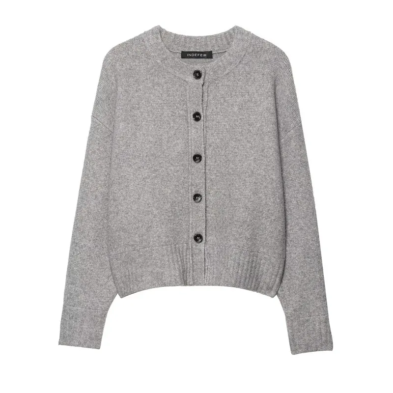 Cárdigan de Punto Casual para Mujer Cuello Redondo Manga Larga Color Sólido Abotonado Bordes Acanalados Ajuste Holgado Cálido Top Otoño