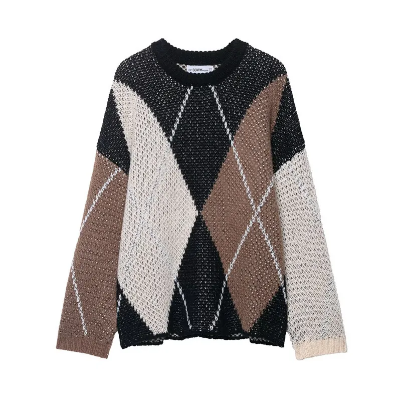 Damen Vintage Argyle Strickpullover Rundhals Langarm Geometrisch Pullover Jumper Casual Preppy Stil Warme Winter Strickwaren