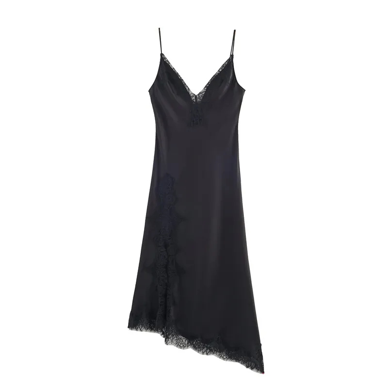 Elegante Satijnen Slipjurk met Kantrand V-hals Onregelmatige Zoom Rugloos Sexy Spaghetti Strap Party Avondjurk