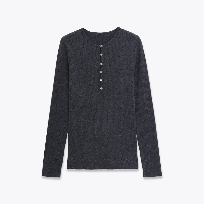 Dames Geribbelde Gebreide Henley Trui Lange Mouwen Knoopsluiting Slim Fit Donkergrijs Effen Casual Jumper Top