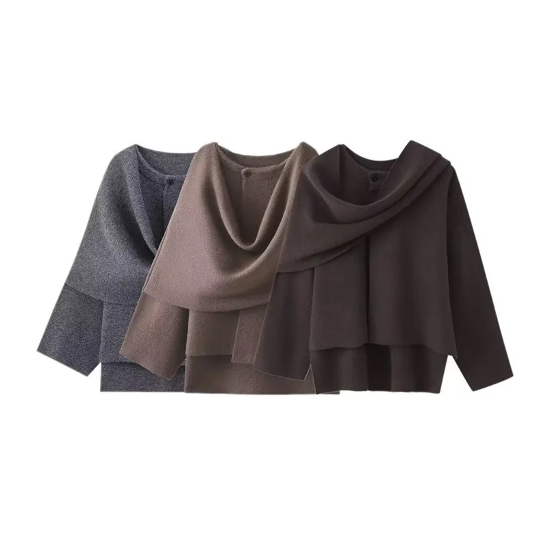Women's Elegant Knit Scarf Collar Short Coat Single Button Cape Style Cardigan Soft Solid Color Autumn Winter Outerwear