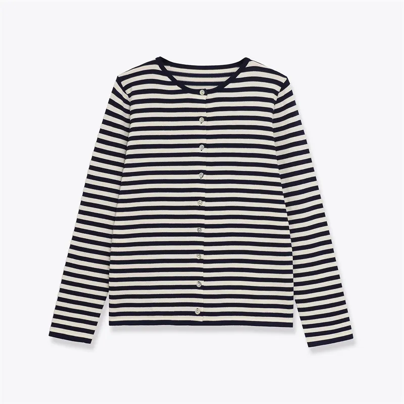 Women Casual Round Neck Striped Knitted Cardigan Single Breasted Long Sleeve Sweater Contrast Color Button Front Knit Top