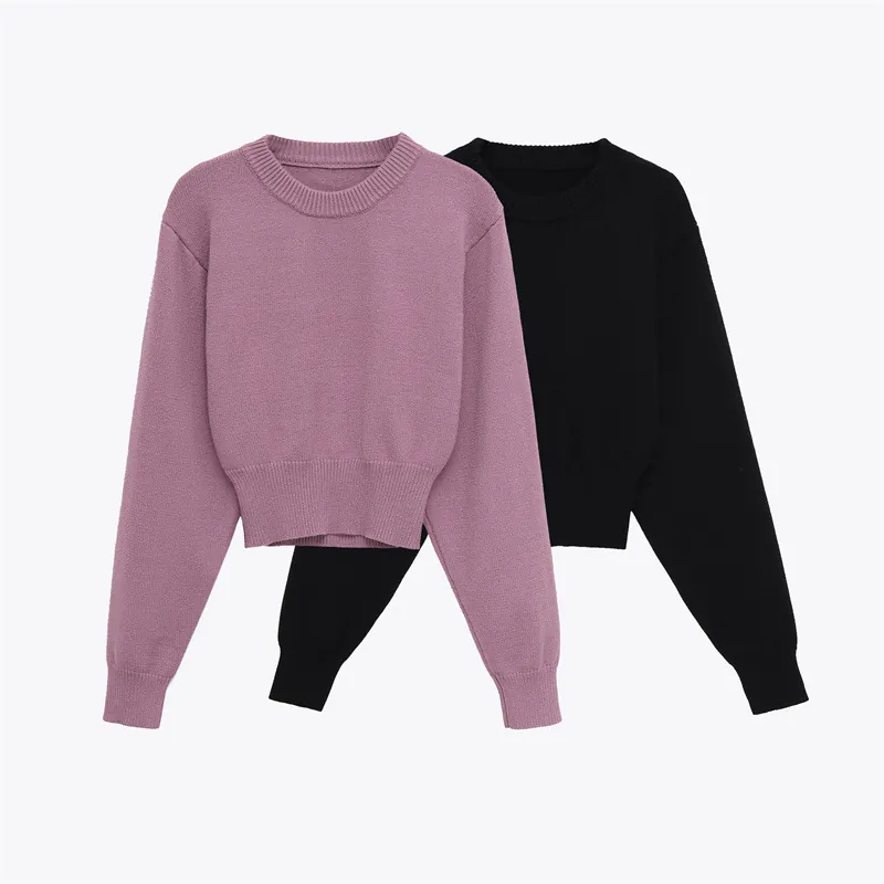 Women's Casual Round Neck Long Sleeve Knit Sweater Cropped Pullover Solid Ribbed Knitwear Top For Autumn Spring