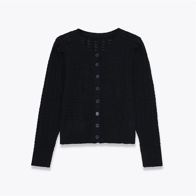 Cardigan en Maille Pointelle Noir Élégant pour Femmes Manches Longues Col Rond Boutonné Haut en Maille Nervurée