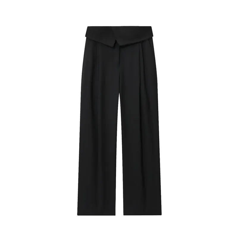 Pantaloni Casual a Gamba Larga da Donna Minimalista a Vita Alta Asimmetrica Piegata con Bordo Sfilacciato Tinta Unita