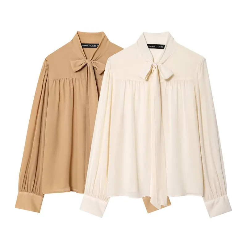 Camicetta Elegante in Chiffon da Donna con Fiocco Manica Lunga Camicia da Ufficio Plissettata Top Casual Tinta Unita