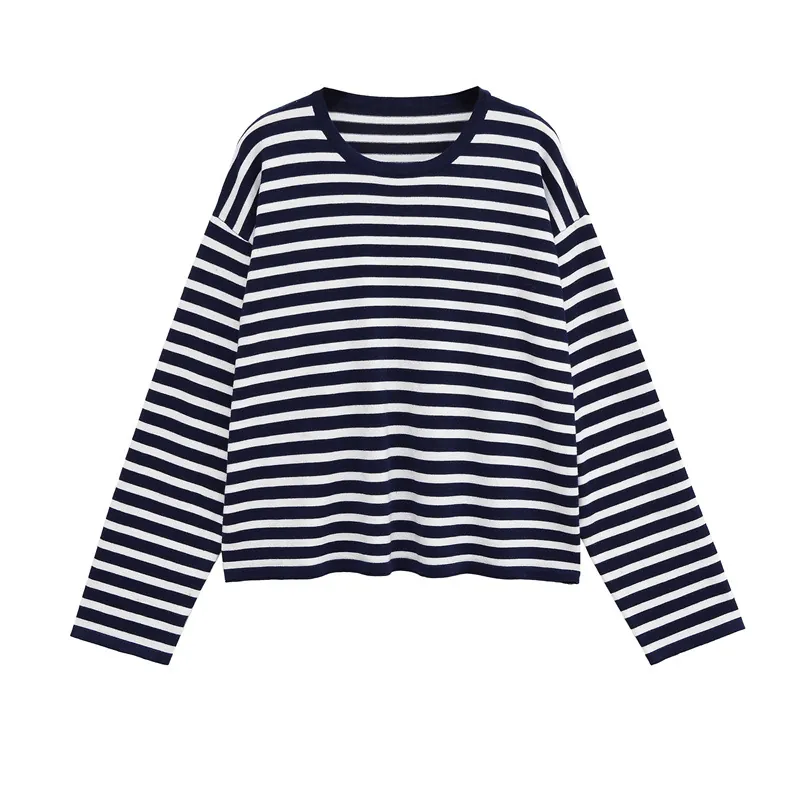Haut en Tricot Rayé Marine et Blanc pour Femmes Manches Longues Coupe Décontractée Col Rond Épaule Tombante Pull pour Automne