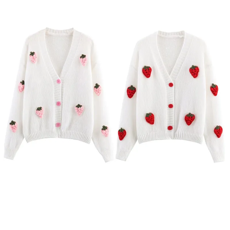 Damen Süßer Erdbeer-Dekor Strickcardigan V-Ausschnitt Einreihig Langarm Weißer Pullover Mantel Lässige Weiche Strickwaren