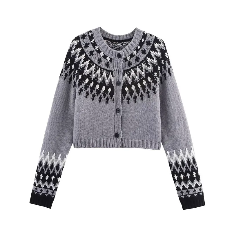 Women Vintage Fair Isle Knitted Cardigan Round Neck Long Sleeve Button Down Cropped Sweater Ethnic Geometric Outerwear