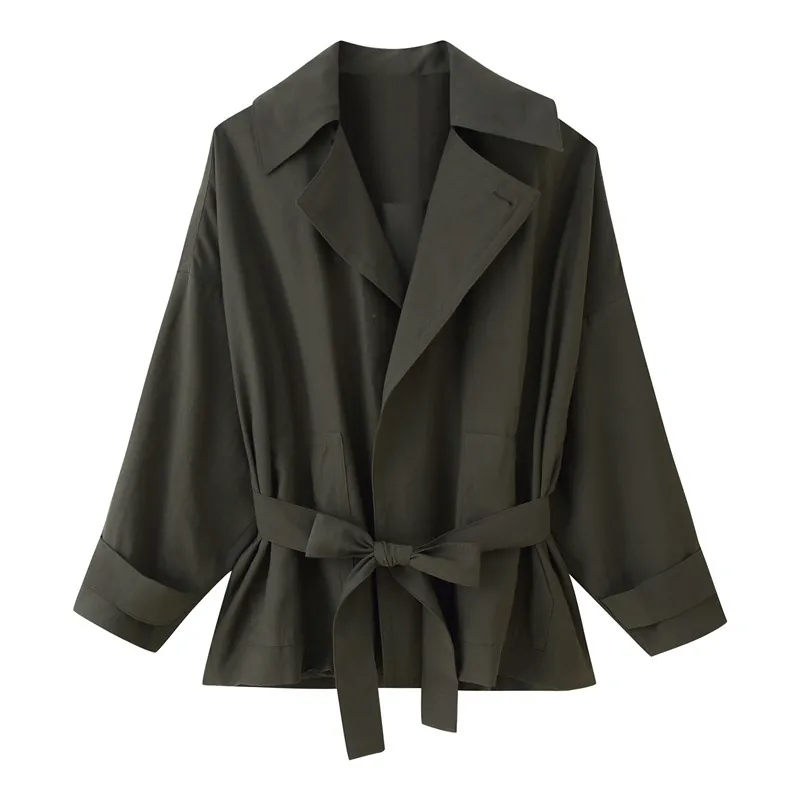 Women's Casual Short Trench Coat With Belt Lapel Collar Long Sleeve Solid Color Dark Olive Green Fashion Autumn Jacket