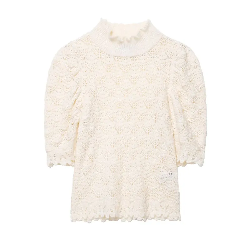 Damen Vintage Strickoberteil Ausgehöhlt Holzohr Stehkragen Puffärmel Elegant Off White Häkelpullover Für Den Alltag