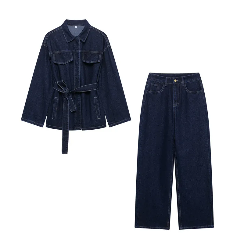 Ropa Casual de Mujer Chaqueta de Mezclilla y Pantalones de Pierna Recta Manga Larga Color Sólido Streetwear
