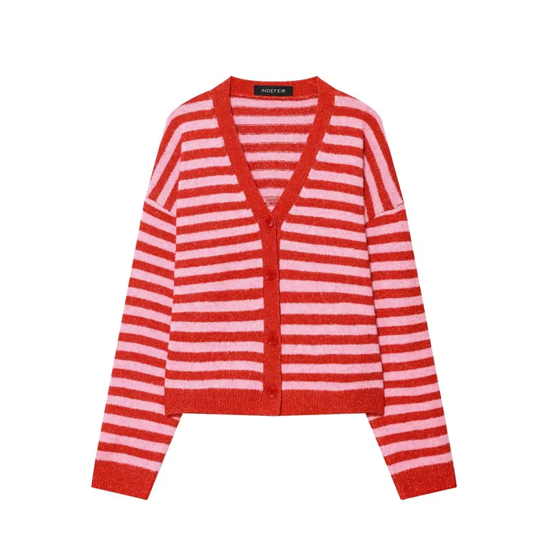 Cardigan en Tricot Rayé pour Femmes Col en V Manches Longues Boutonné Pull Décontracté Couleur Contrastée Hauts