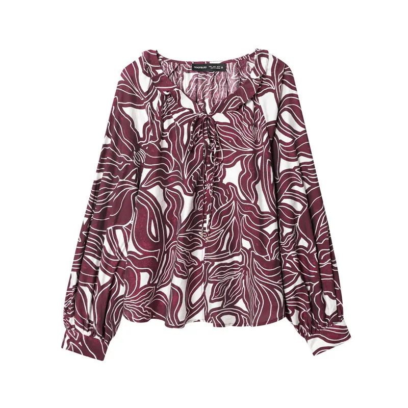 Women Vintage Floral Print Blouse Ruffle V-Neck Tie Front Long Lantern Sleeve Top Casual Loose Spandex Blend Shirts