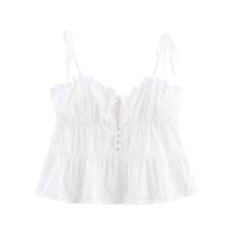 Vrouwen Broderie Anglaise Camisole Retro Strik Voorzijde Knoopsluiting Tanktop Zomer Strik Schouderbandjes Mouwloos Florale Kant Crop Top