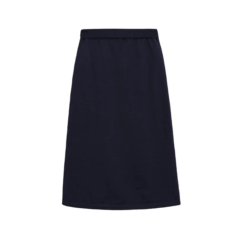 Gonna Midi a Vita Alta da Donna Blu Marino a Linea A con Vita Elastica Tinta Unita Gonna in Maglia di Poliestere