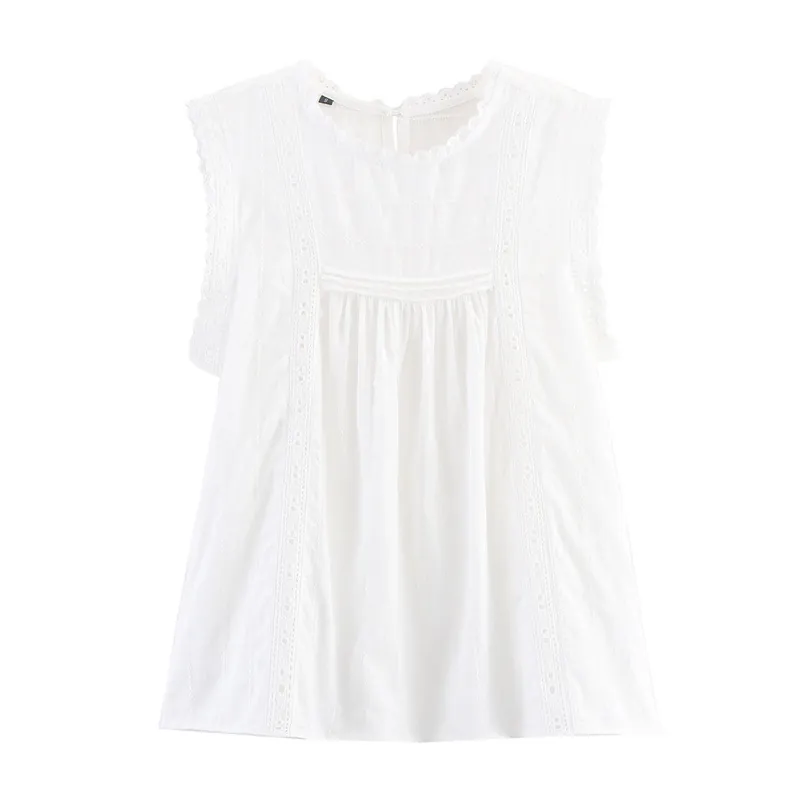 Damen Romantisch Ärmellos Weiß Top Spitze Lochstickerei Rüschen Baumwollmischung Bluse Für Sommer Lässig Locker Shirt