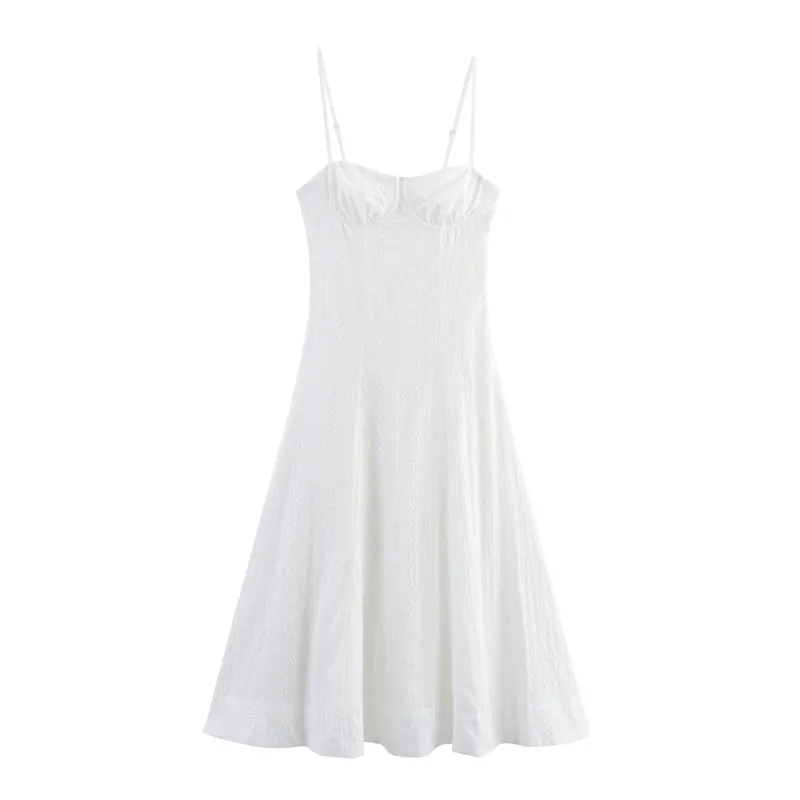 Vrouwen Elegante Broderie Cami Midi Jurk Franse Stijl Beugel Bustier A-Lijn Wit Katoenmix Jurk