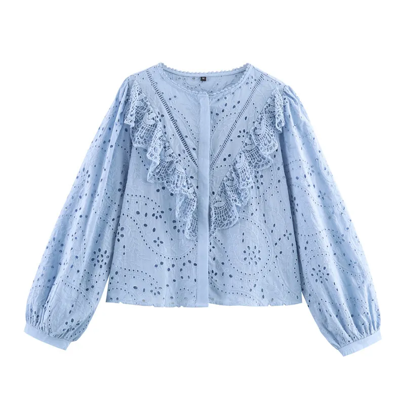 Γυναικεία Casual Γαλάζια Μπλούζα με Κέντημα Broderie Anglaise Βολάν Μανίκια Φανάρι Μείγμα Βαμβακιού Μακρυμάνικο Τοπ