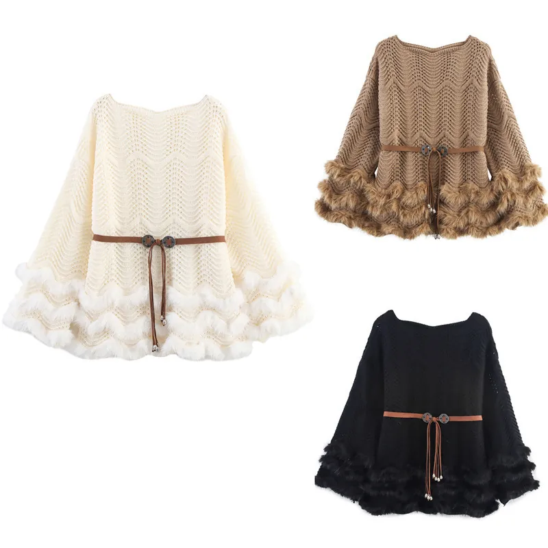 Damen Strickponcho Cape Mit Wellenstruktur Kunstpelzbesatz Und Verstellbarem Gürtel Vintage Style Süßer Herbst Winter Schal Wrap