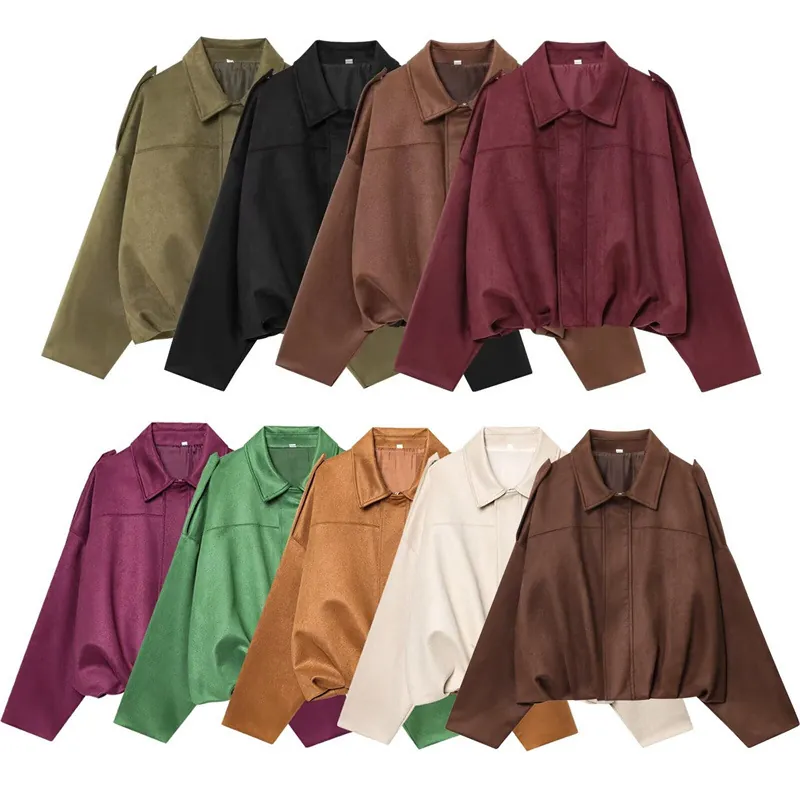 Women's Faux Suede Jacket Casual Lapel Drop Shoulder Short Loose Outwear Solid Color Autumn Winter Coat For Ladies