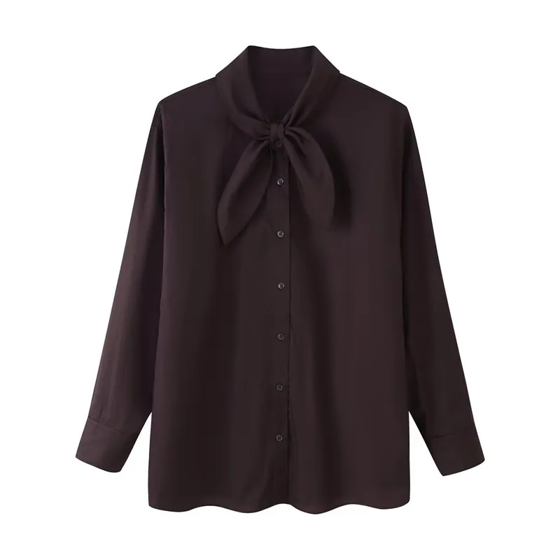 Women Elegant Pussy Bow Tie Neck Long Sleeve Blouse Poplin Button Down Solid Color Casual Fashion Work Office Shirt Top
