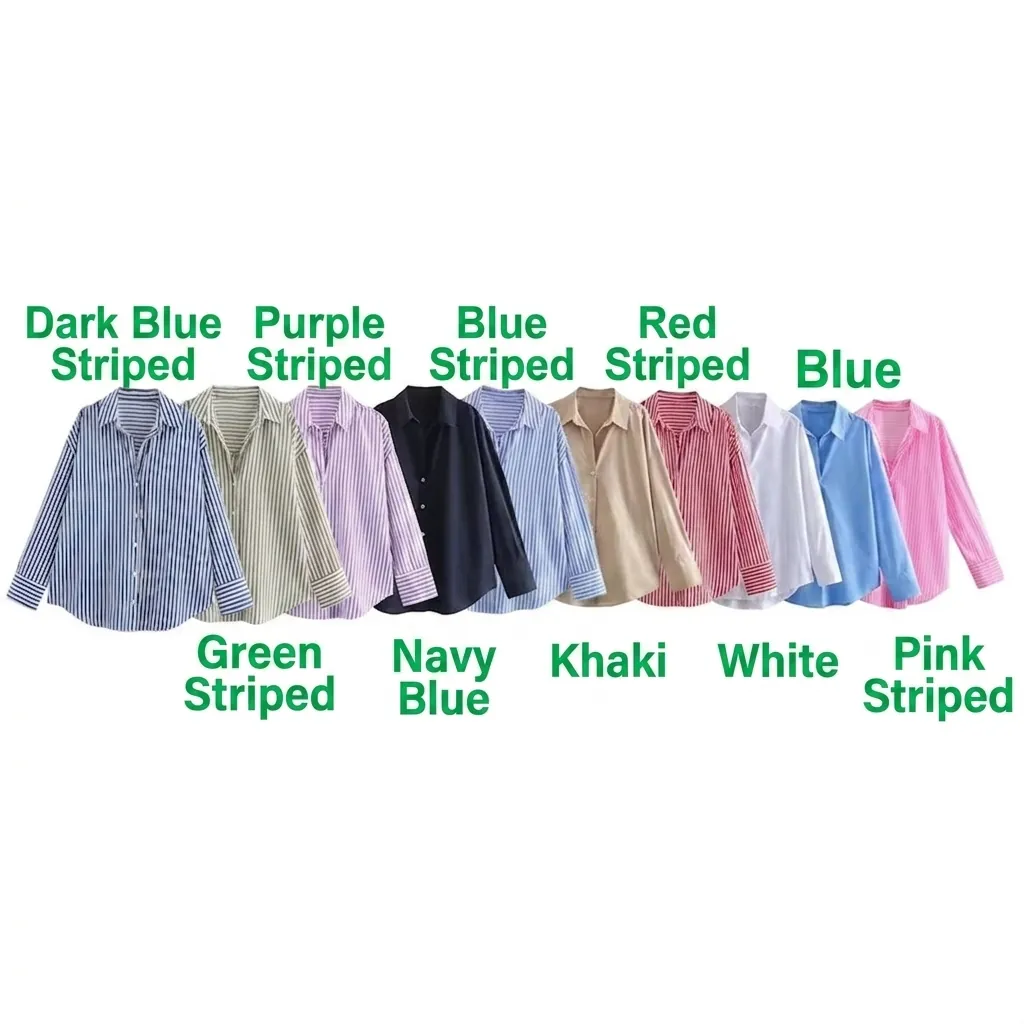Women Casual Loose Striped Shirt Long Sleeve Lapel Cotton Poplin Blouse Button Up Curved Hem Office Daily Fashion Top