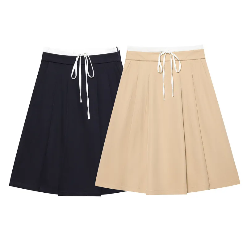 Gonna Midi a Pieghe a Vita Alta da Donna in Poliestere con Coulisse a Contrasto Elegante Gonna per Ufficio Scuola Quotidiana